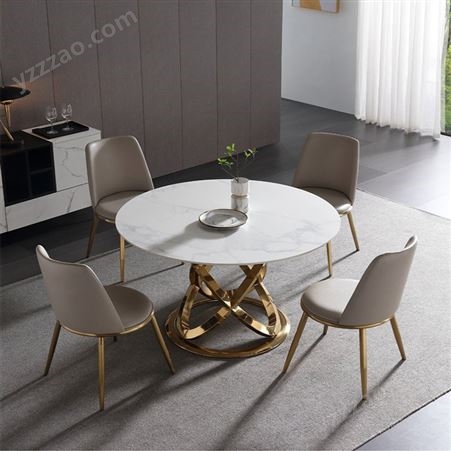 岩板圆形餐桌椅组合 家用带转盘后现代轻奢饭桌-jj046