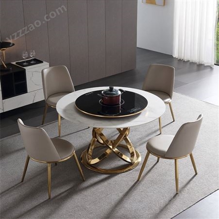 岩板圆形餐桌椅组合 家用带转盘后现代轻奢饭桌-jj046